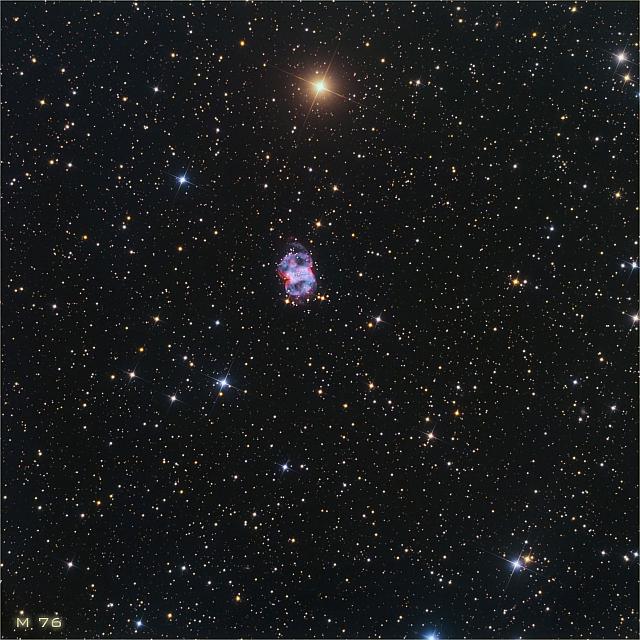 M76: Planetary Nebula in Perseo - L(Ha)-RGB version